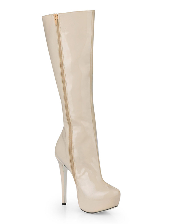 Ivory Almond Toe Patent Woman's Knee Length Boots - Milanoo.com