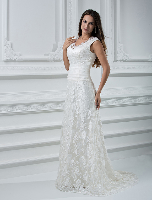 vestido de novia de encajes con cinturón sin mangas - milanoo