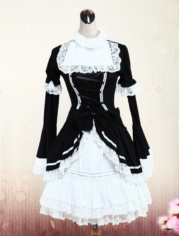 Cotton Black White Long Sleeves Classic School Lolita Dress - Milanoo.com