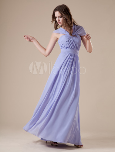 Lilac V Neck Chiffon Floor Length Womens Bridesmaid Dress 0218