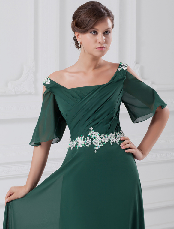 Dark Green Chiffon Evening Dress with Off-The-Shoulder Neck - Milanoo.com