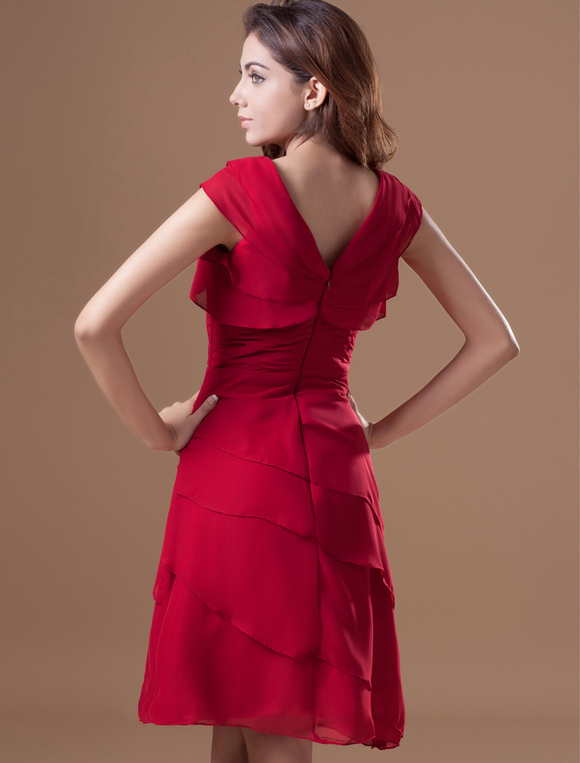 Mariage Robes de Cérémonie | Robe de soirée rouge en chiffon col V longueur genou - SX61921