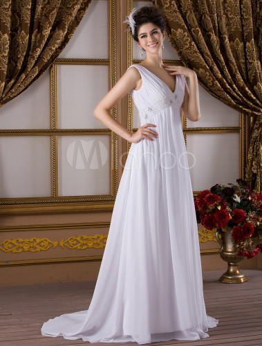 White Deep V-Neck Empire Waist Satin Chiffon Wedding Dress - Milanoo.com