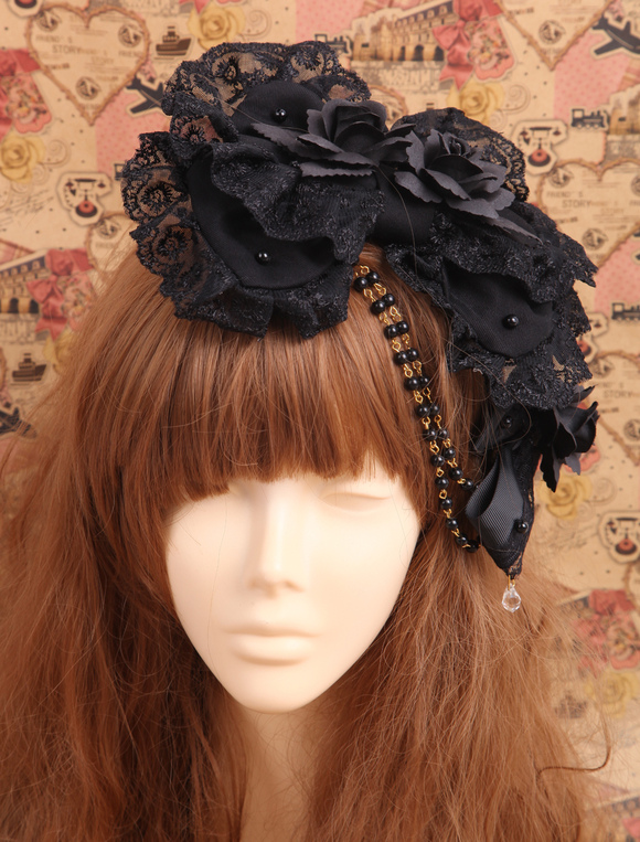 Black Cotton Floral Lolita Side Pin