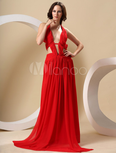 Sexy Red Sheath V-Neck Chiffon Cannes Film Festival Dress - Milanoo.com