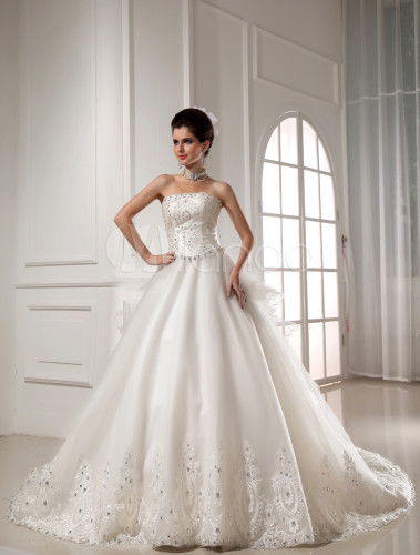 White Rhinestone Tulle Wedding Dress For Bride - Milanoo.com