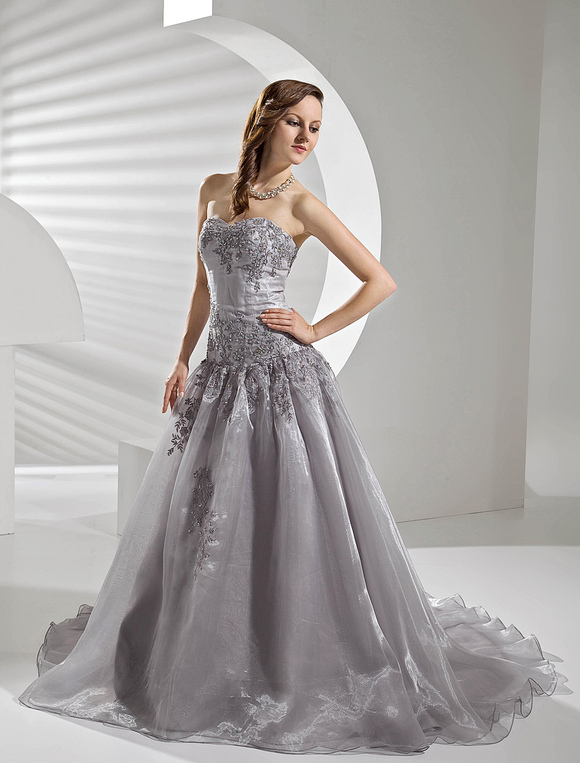 Court Train Silver Organza Wedding Dress With A Line Sweetheart Court Train Silver Organza Wedding Dress With A Line Sweetheart Neck Lique No