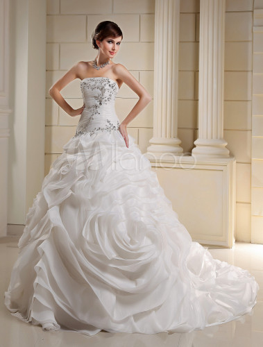 White Strapless Rhinestone Pleated Organza Bridal  Wedding  