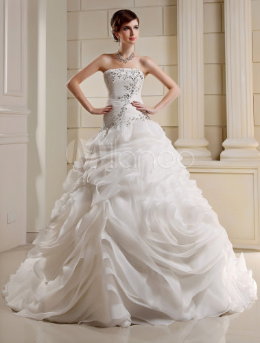 White Strapless Rhinestone Pleated Organza Bridal Wedding Dress