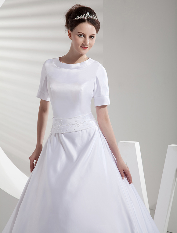 A-line Court Train White Bride's Wedding Dress with Jewel Neck Sash ...