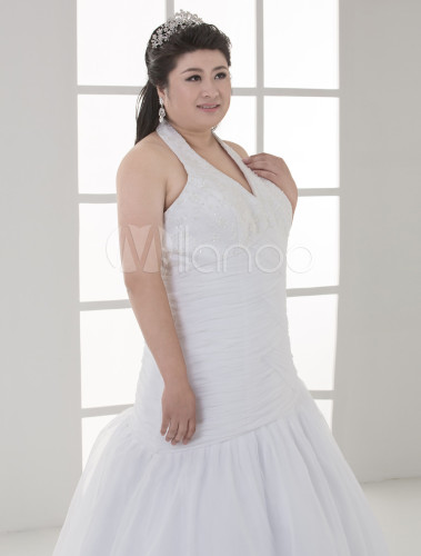 Robe De Mariage Grande Taille En Satin Col à Licou Avec Perles