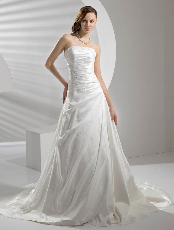 Ivory Wedding Dress Strapless Ruched Pearls Wedding Gown - Milanoo.com
