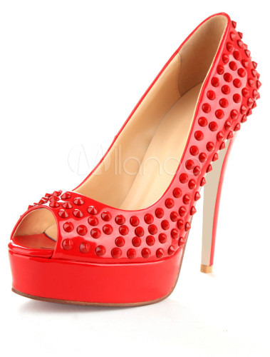 Sexy Red Patent Leather Rivet Peep Toe Heels - Milanoo.com