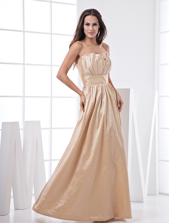 Boda Vestidos de banquete | Vestido de damas de honor de color champaña de tafetán sin tirantes hasta el suelo - MZ44213