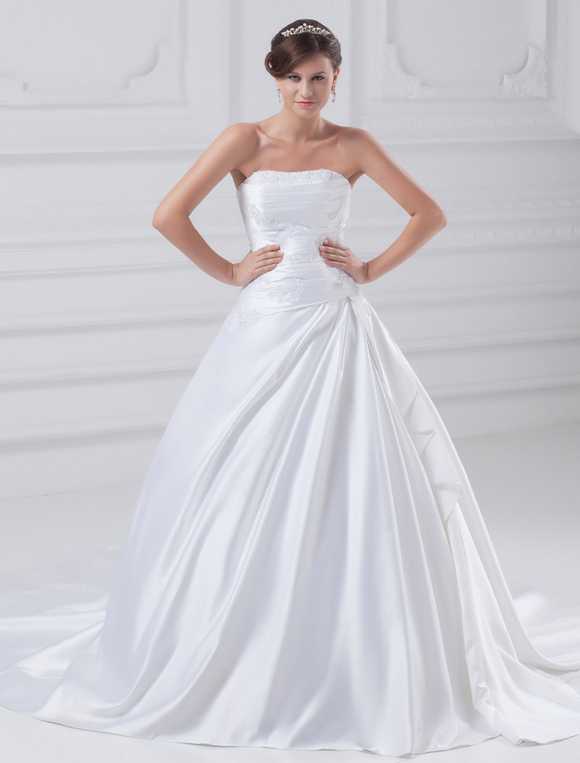 Boda Vestidos de novia | Vestido de boda blanco de tafetán con bordados sin tirantes - XV58619