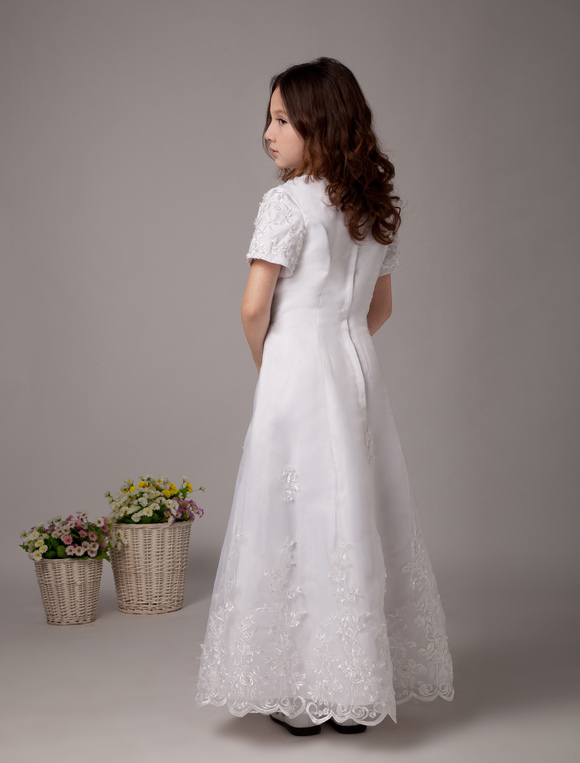 White Flower Girl Dresses Short Sleeve Lace Applique First Communion ...