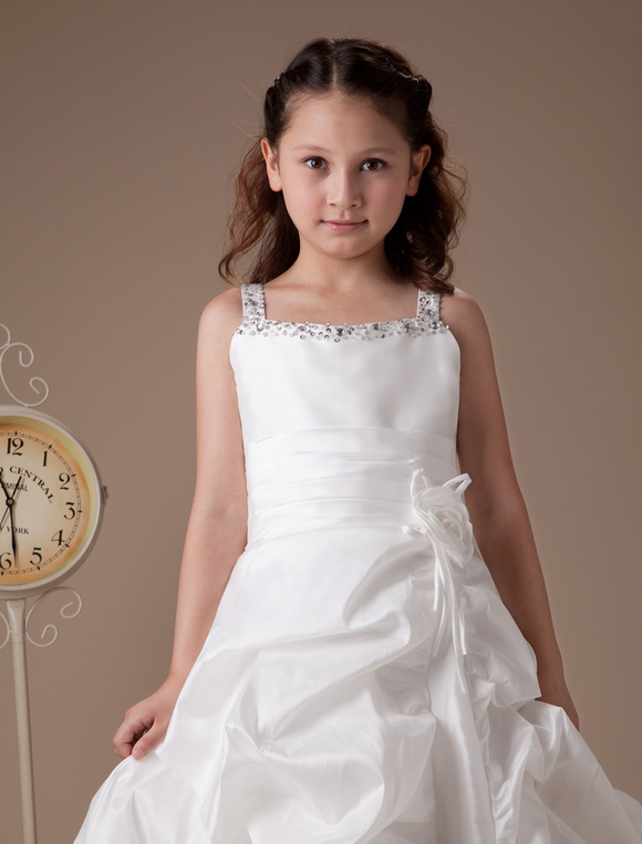 White Sleeveless Beaded Taffeta Flower Girl Dress - Milanoo.com