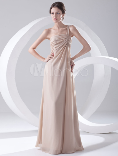A-line One-Shoulder Ruched Champagne Chiffon Bridesmaid Dress - Milanoo.com