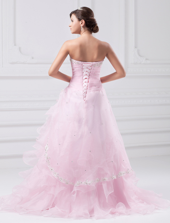 A-line Pink Organza Ruffles Sweetheart Neck Sweep Prom Dress - Milanoo.com