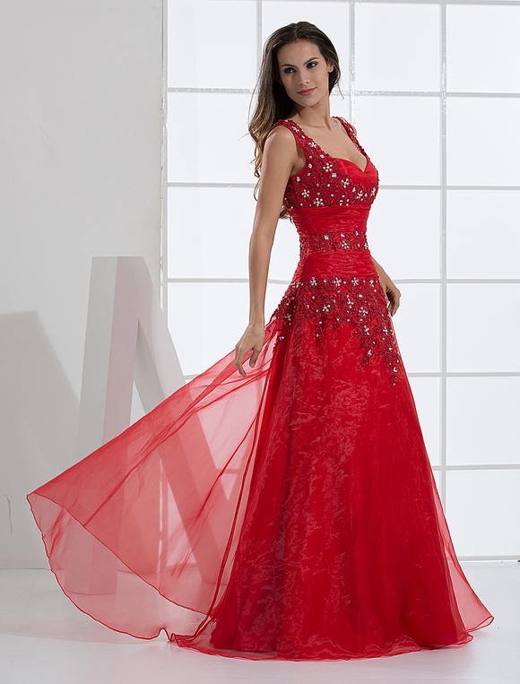 Red A-line V-Neck Applique Beading Satin Organza Prom Dress - Milanoo.com