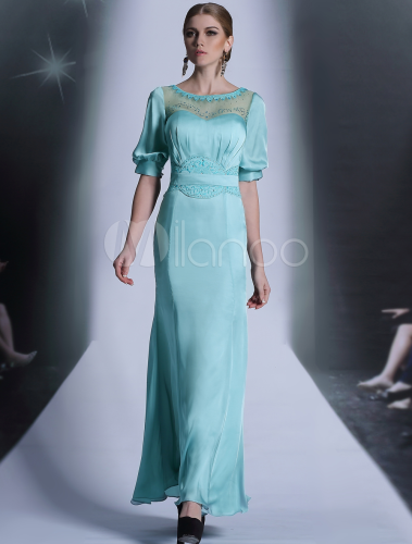 Light Sky Blue Embroidered Sheath Half Sleeves Evening Dress with Jewel ...