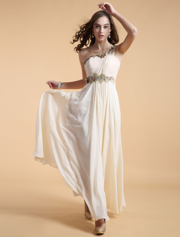 Ivory Pleated One-Shoulder A-line Chiffon Grace Evening Dress - Milanoo.com