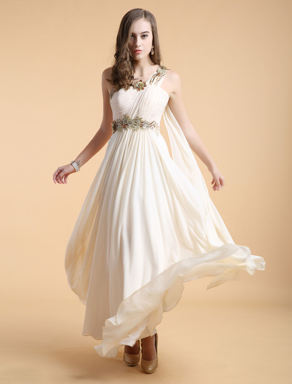 Ivory Pleated One-Shoulder A-line Chiffon Grace Evening Dress - Milanoo.com
