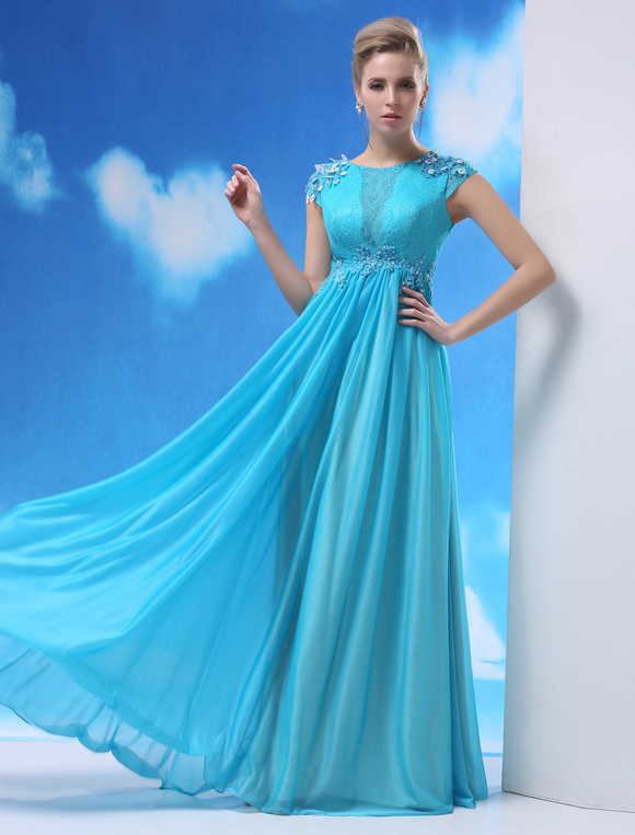 Aqua Evening Dress Shot Silk Beaded Prom Dress Jewel Neck Short Sleeves ...