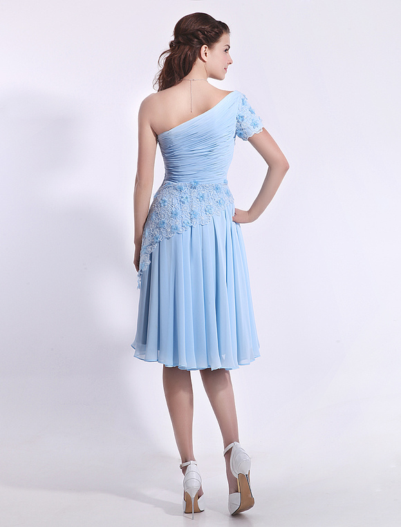 Baby Blue Bridesmaid Dress Lace Applique Beaded Prom Dress Chiffon One ...