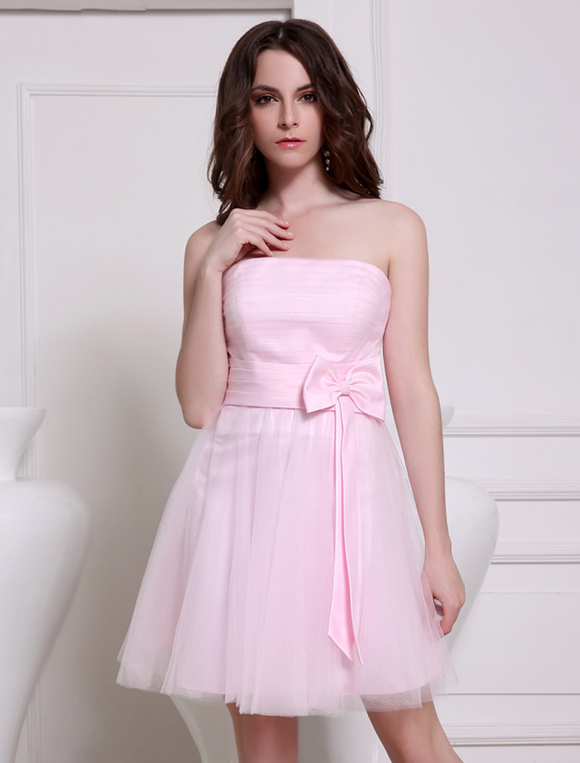 Lovely Pink Strapless A-line Bow Tulle Elegant Cocktail Dress - Milanoo.com
