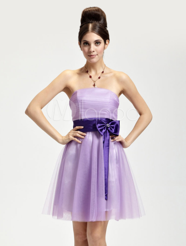Romantic Lilac Tulle Strapless Knee Length Bridesmaid Dress - Milanoo.com