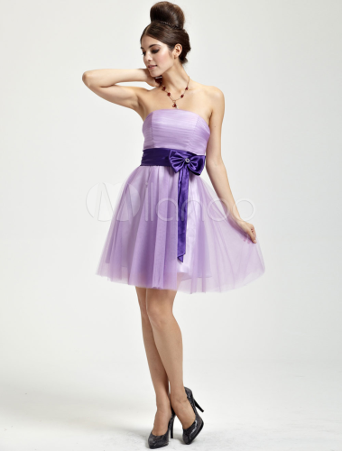 Romantic Lilac Tulle Strapless Knee Length Bridesmaid Dress - Milanoo.com