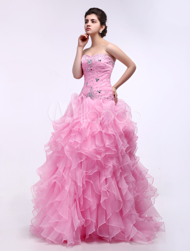 Elegant Pink Satin Organza Sweetheart Women's Ball Gown - Milanoo.com