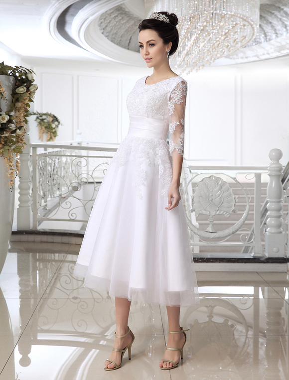 Lace Wedding Dress Illusion Half Sleeve Tea Length Bridal Dress ...