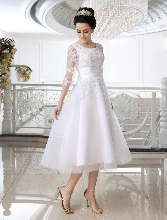 Lace Wedding Dress Illusion Half Sleeve Tea Length Bridal Dress ...