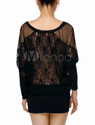 black lace v neck long sleeve top