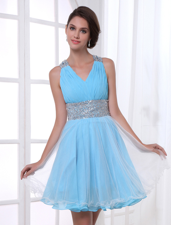Light Skyblue Sequined Short Homecoming Dress with V-Neck - Milanoo.com