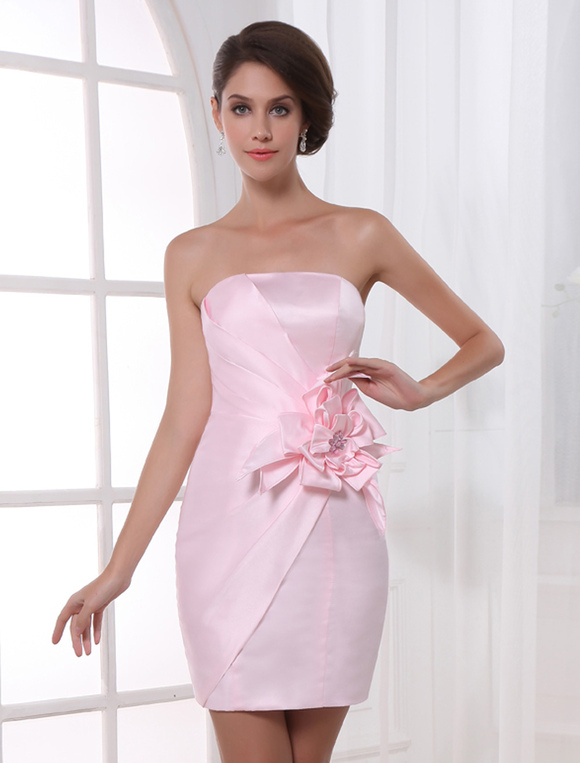 Sheath Pink Satin Floral Strapless Short Cocktail Dress For Women ...