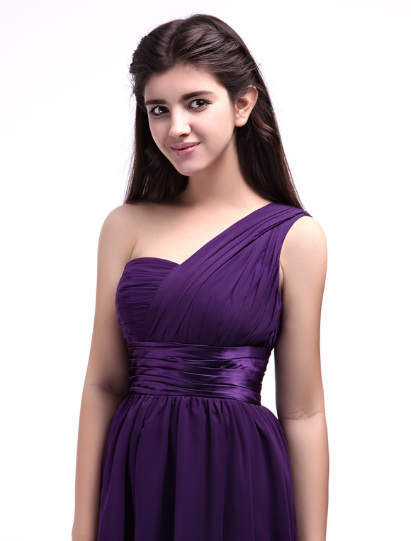 Boda Vestidos de banquete | Vestido de damas de honor de chifón de color lavanda con escote a un solo hombro con faja mini - YC96105