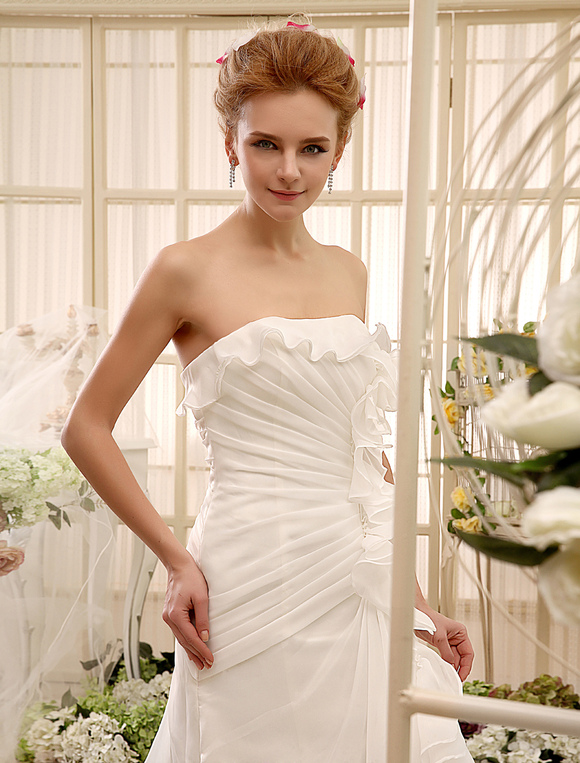 Ruched Chapel Train Ivory Brides Wedding Dress with Sheath Strapless ...
