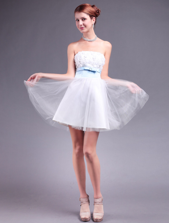 Cute Ivory Tulle Strapless Mini Prom Dress - Milanoo.com