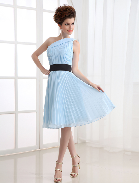 Chiffon Cocktail Dress Pastel Blue One Shoulder Sash Ruched Short Prom ...