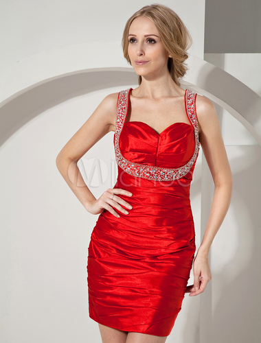 Red Beading Sweetheart Elastic Woven Satin Cocktail Dress - Milanoo.com