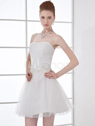Sweet White Organza Beading Strapless Wedding Dress - Milanoo.com