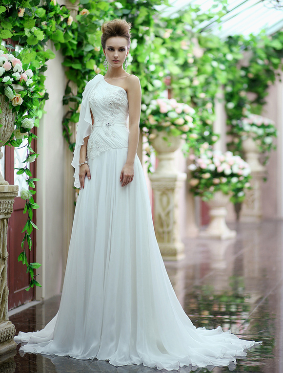 White Aline OneShoulder Sequin Sweep Chiffon Bridal Wedding Gown