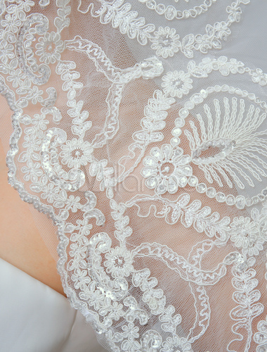 Ivory Tulle Waterfall Lace Applique Wedding Cathedral Veil - Milanoo.com
