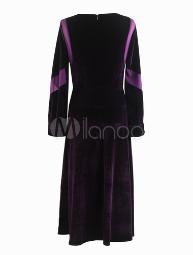 Deep Purple Square Neck Two-Tone Pleated Velour Dress for Woman ...