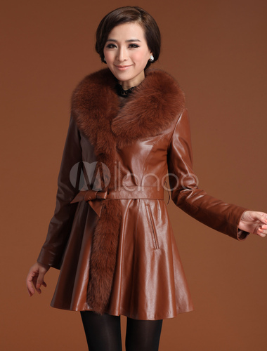 Grace Brown Sheepskin Women's Fur Coat - Milanoo.com