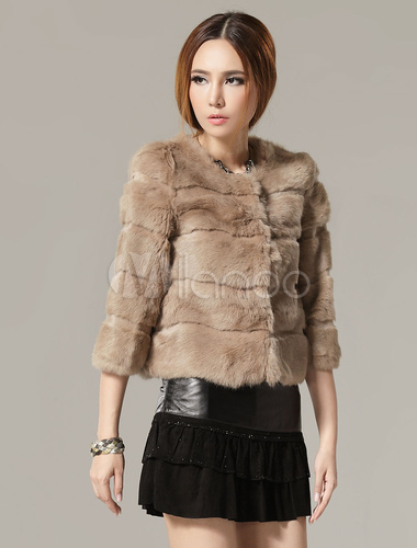 Grace Crewneck 3/4 Length Sleeves Rabbit Fur Jacket for Woman - Milanoo.com