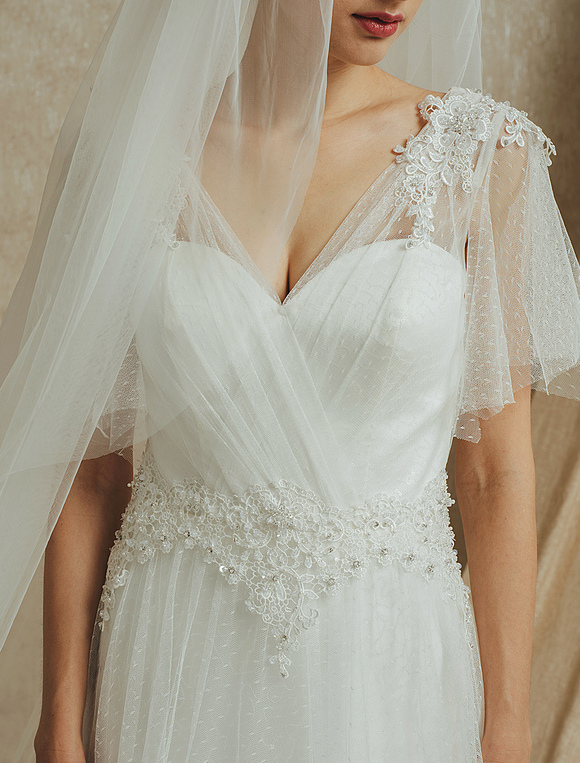Ivory Wedding Dress with VNeck Sequined Lace ( Veil